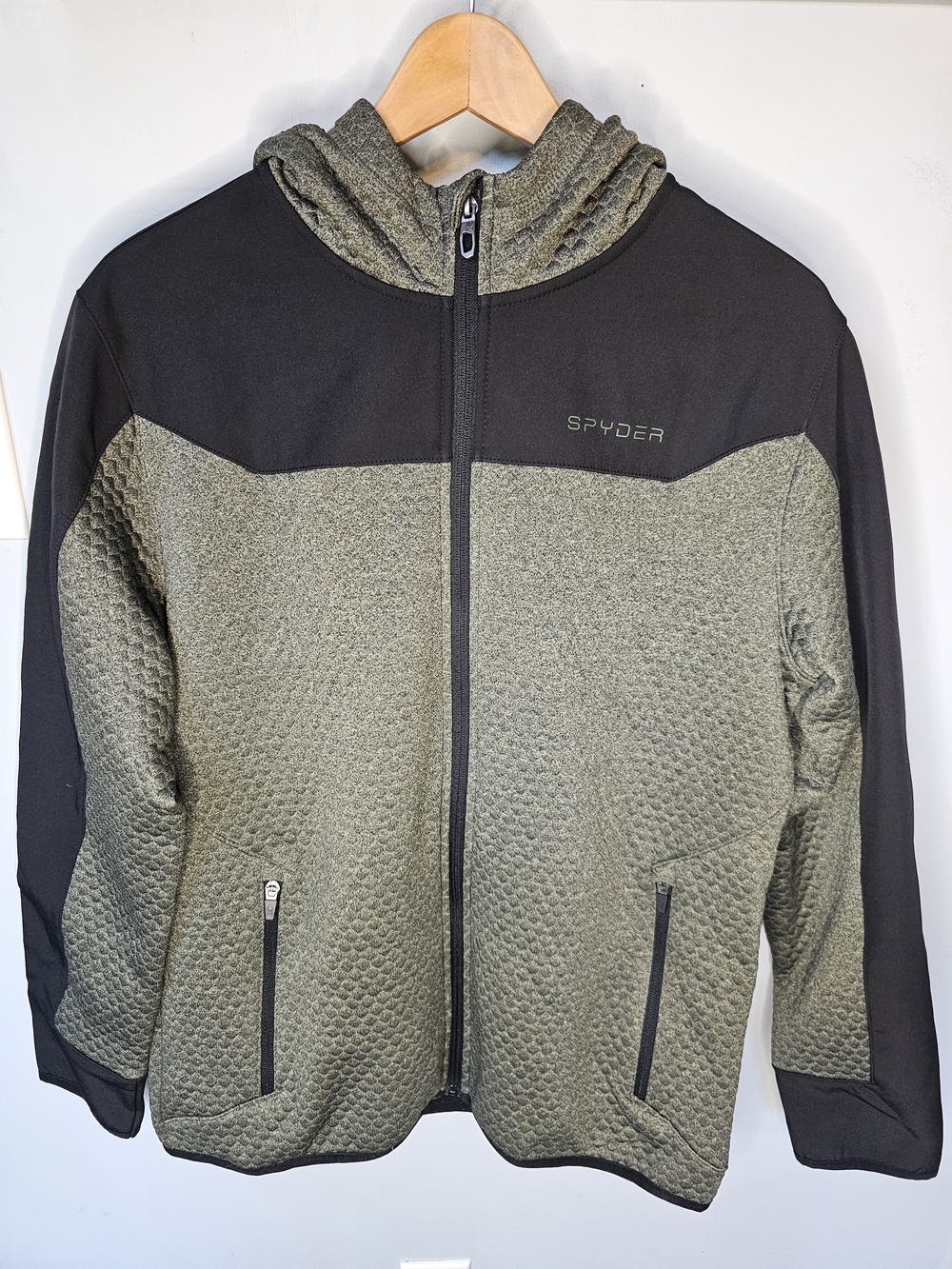 Spyder Men's Full Zip Fleece Hoodie Medium Olive Green Black Colorblock Hood